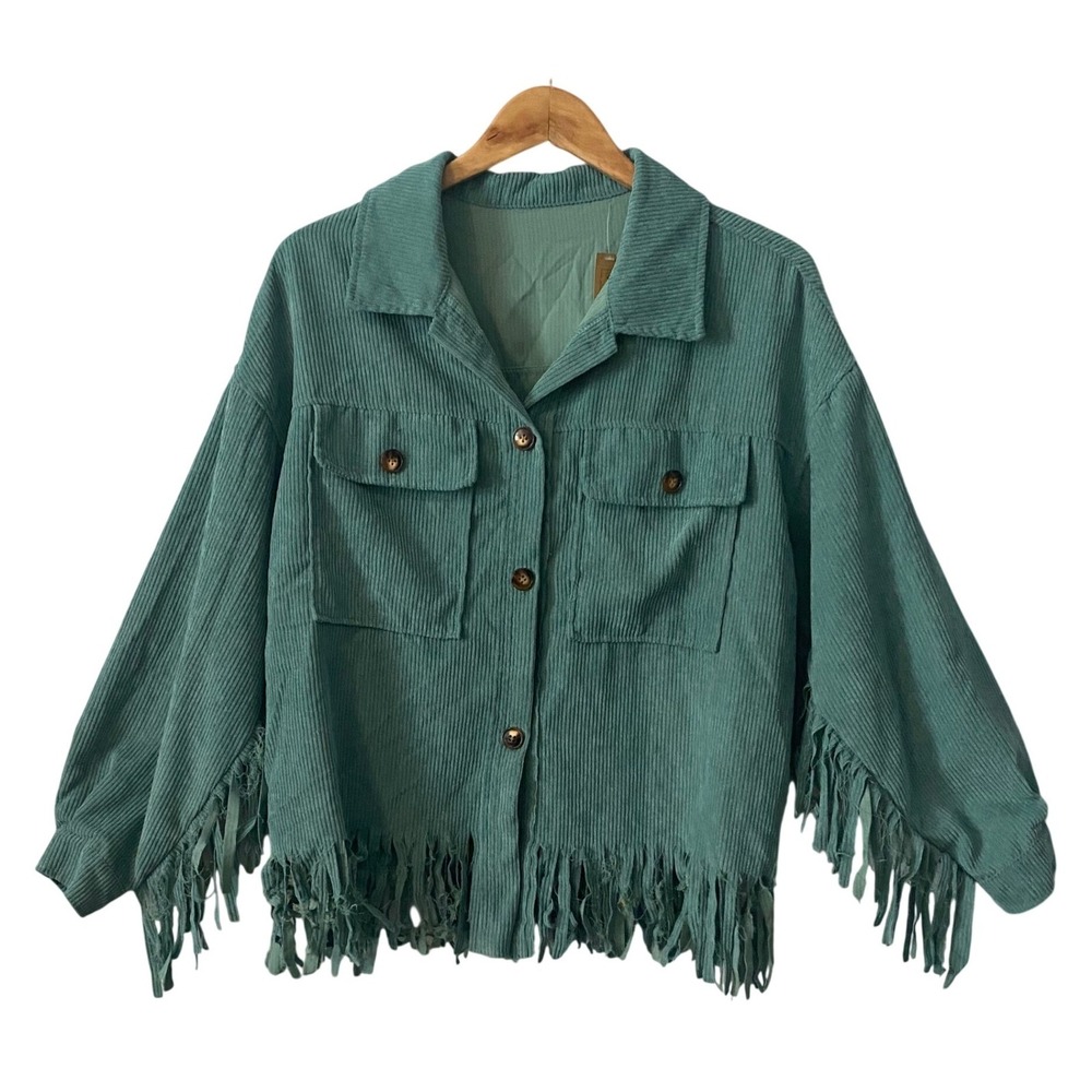 Rustic Teal Green Corduroy Fringe Shacket Western Boho Festival Jacket Small